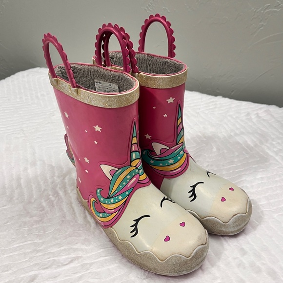 Kids' Pink Unicorn Rain waterproof Boots fleece lined size 11/12 rubber boots - Picture 1 of 13